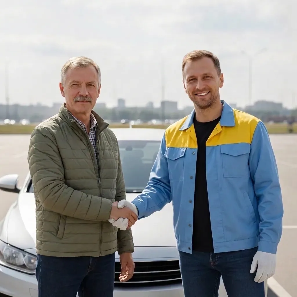 Клиент Валентин Э. и мастер у автомобиля после выполненной работы